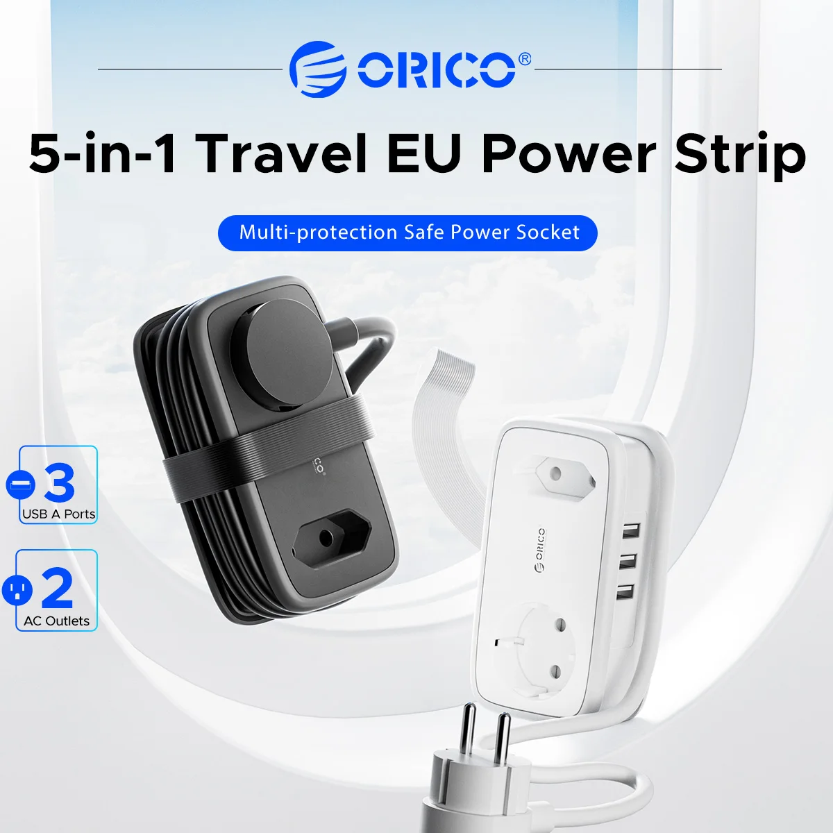 ORICO 5-in-1 Portable EU Power Strip Retractable Cord 2 AC Outlets 3 USB-A Ports Widely-Spaced Socket Travel Extension Socket Mu