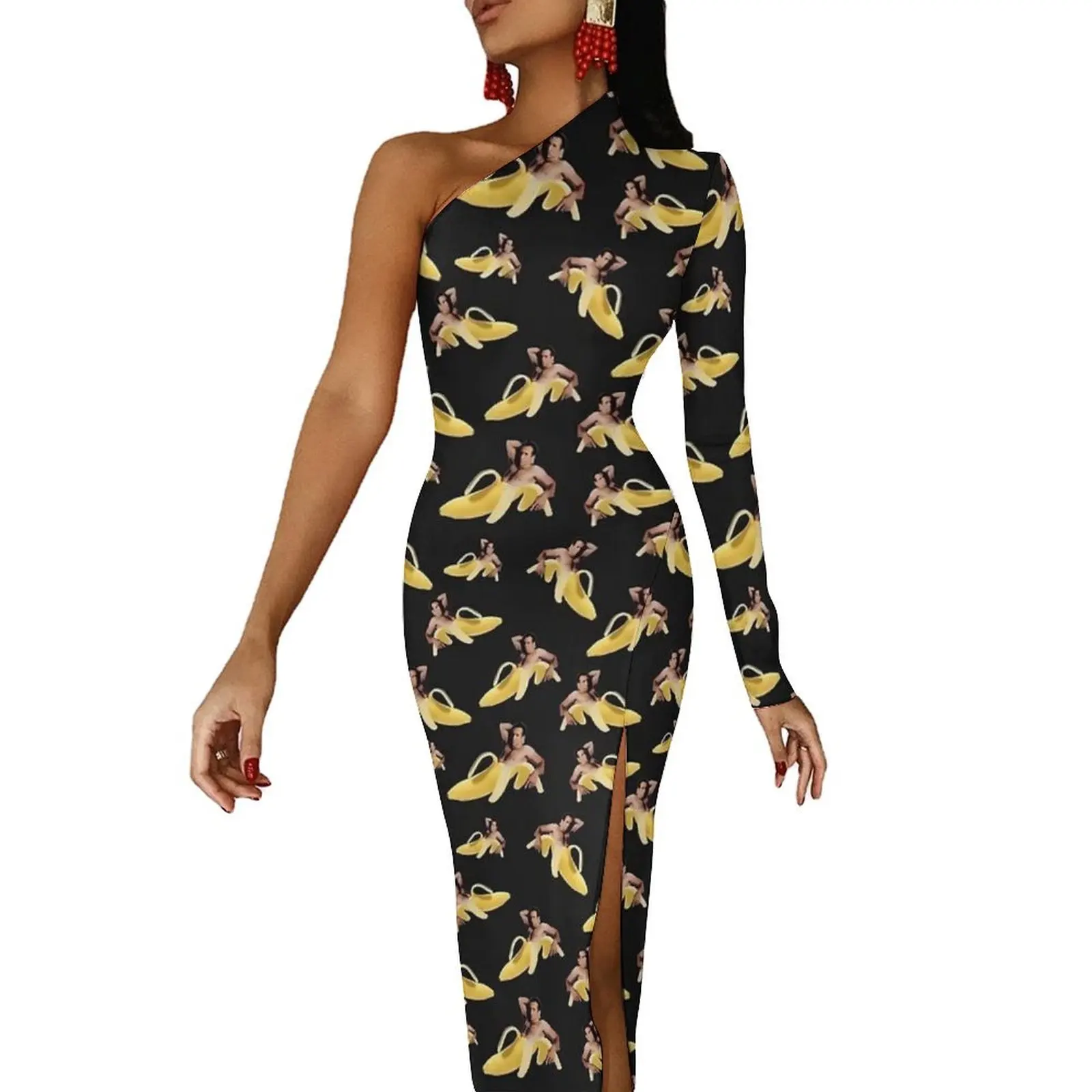 Meme Nicolas Cage Banana Bodycon Dress Spring  Sexy High Slit Long Dresses One Shoulder Graphic Streetwear Dress