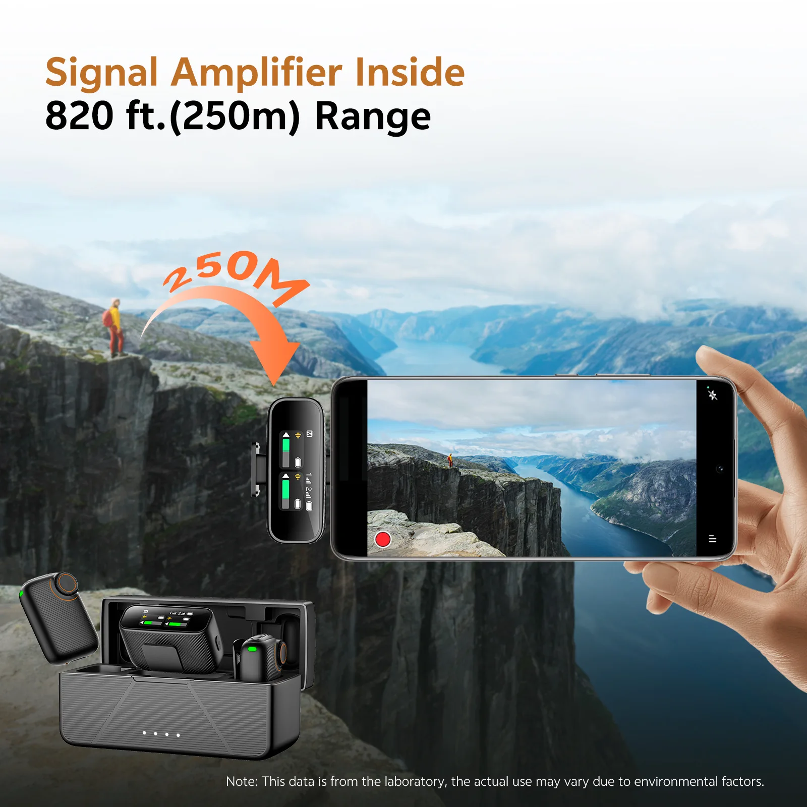Microfone de lapela sem fio com cancelamento de ruído AI, transmissão de longo alcance de 250 m, microfone com clipe para gravação de áudio clara