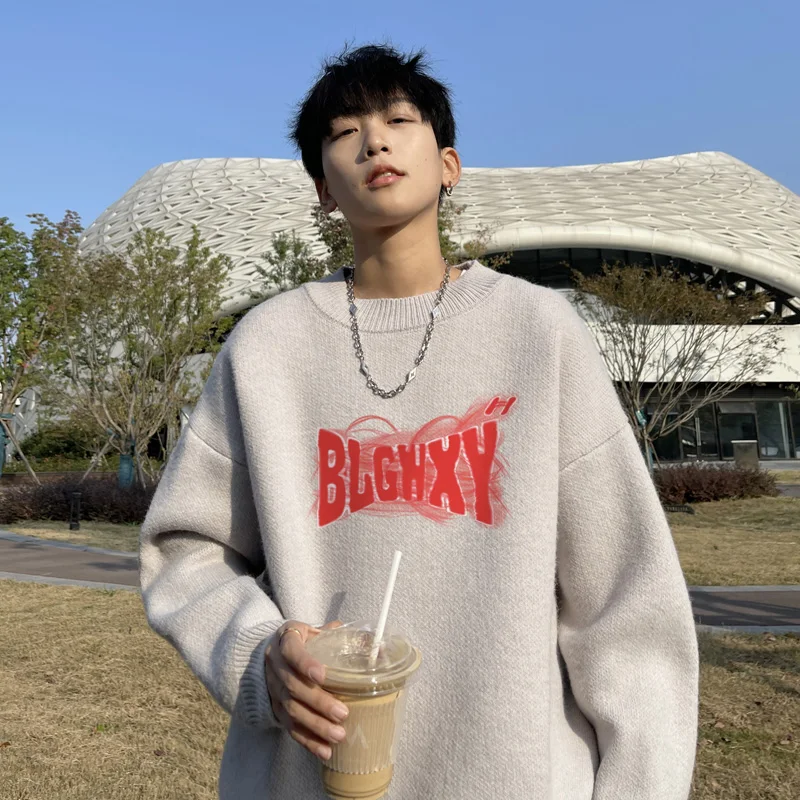 Suéteres de gran tamaño para hombre, suéter de punto blanco de otoño, moda 5XL, ropa informal con estampado de letras para hombre, jerséis de punto, ropa para hombre