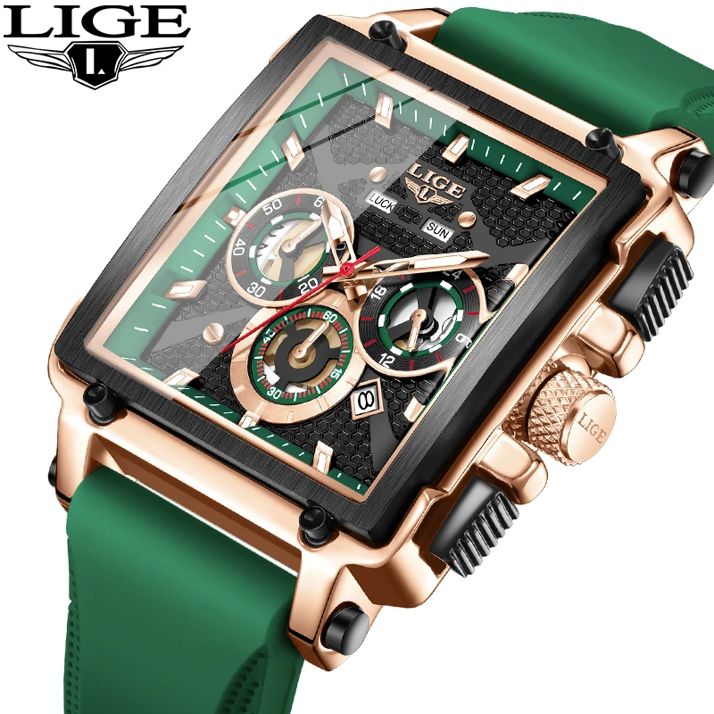 

Мужские кварцевые часы LIGE Original Design с квадратным циферблатом, автоматической датой и днем недели, для активного отдыха, повседневные, спортивные, модные, с силиконовым ремешком, полые часы