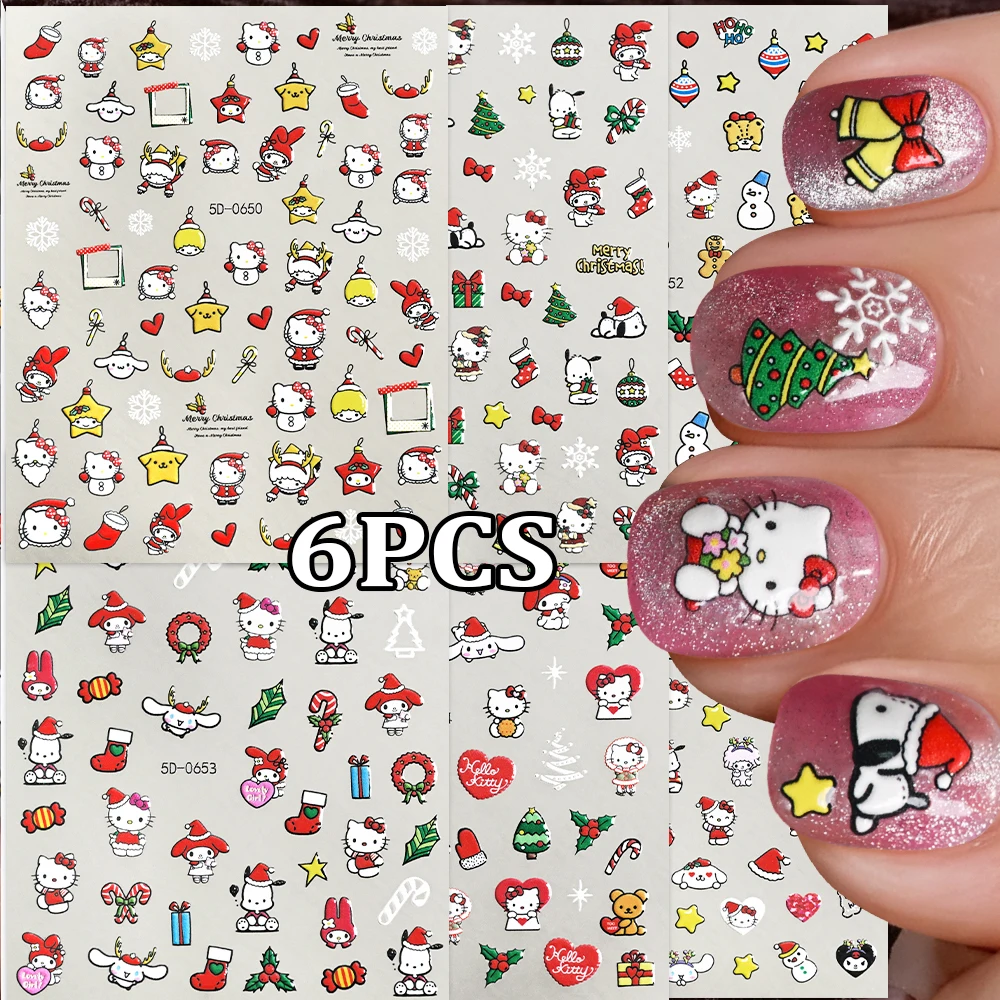 6 pçs vermelho natal olá kitty adesivos de unhas estrela de natal doce cana presente olá kitty dos desenhos animados crianças decalques de unhas adesivos decorativos