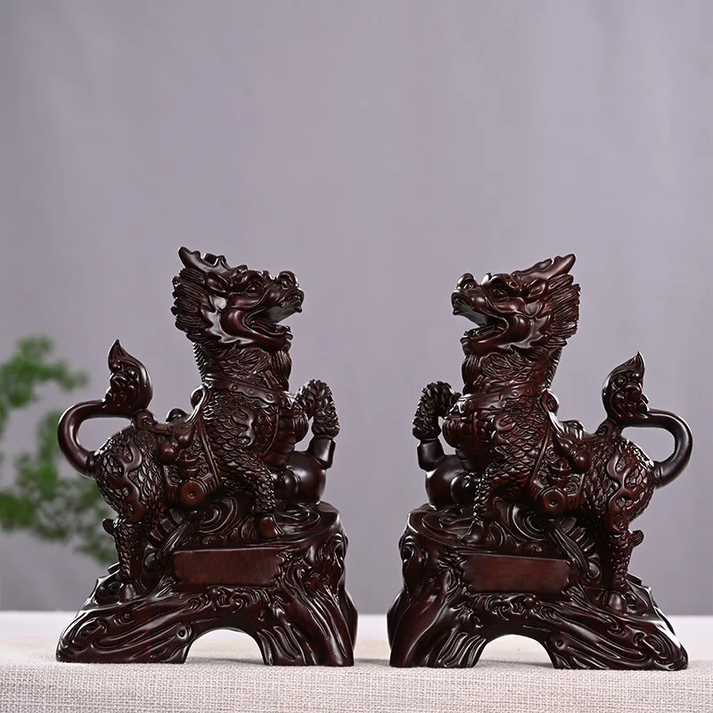 

Ebony KIRIN Wood Carving Ornaments Auspicious Beast Living Room Home Carving Opening Gift Wooden craftwork