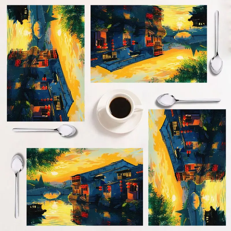 

4-piece rectangular placemat set, vibrant sunset design, easy to clean, perfect for kitchen decor, ideal for gatherings.