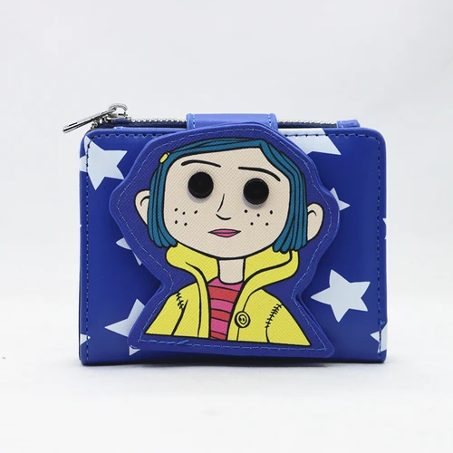 Coraline Doll & Stars Mini cartera con solapa, bolsillo con cremallera, monedero, tarjetero, billetera plegable de PU