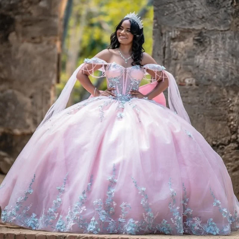 Customized light pink Quinceanera Dresses Off the Shoulder crystal decal Long tail Lace beads flower Vestido 15 Quinceanera