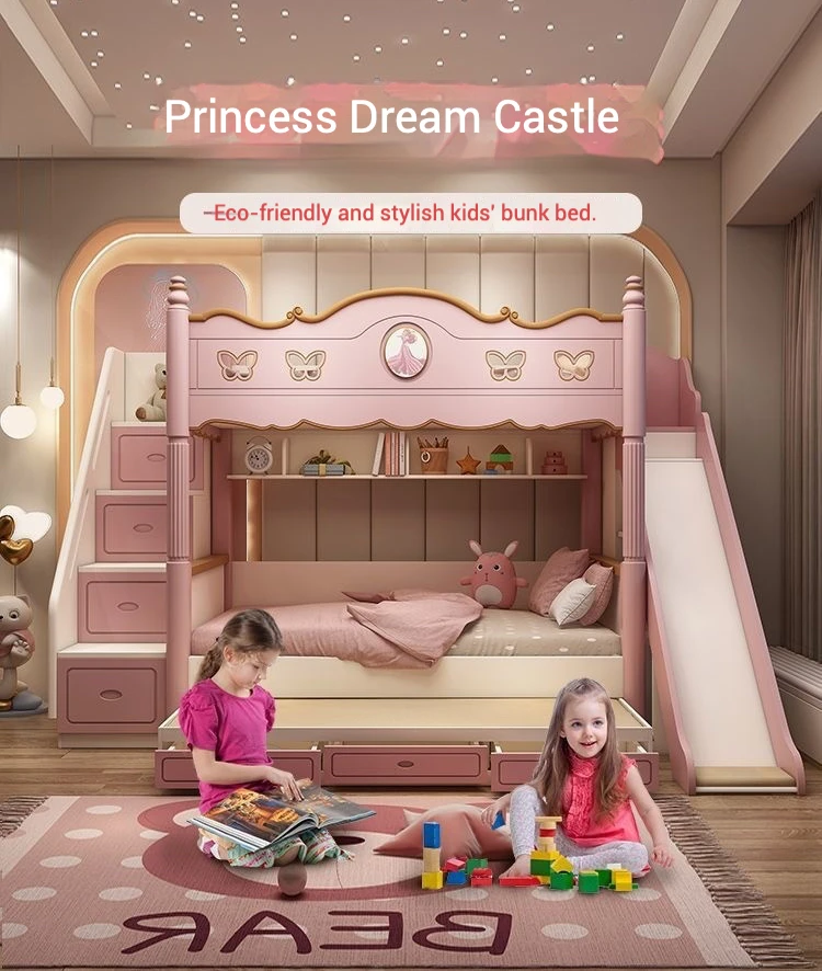 Cute Children's Wood Princess Bucking Two-Layer High Guardrail Slide Elevated Bed for Girls Living Room Modern Design