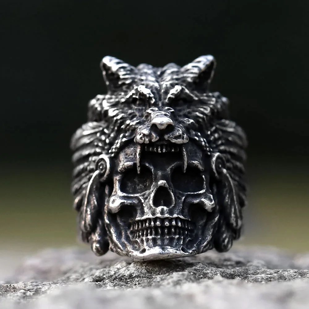 2023 new New Design vintage Stainless Steel skull and Wolf Head viking Ring For Men Special Design fashion punk Jewelry