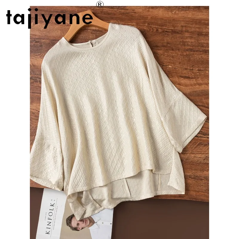 TAJIYANE 100% Mulberry Silk Women T Shirts Checkered Batwing Sleeves T-shirt Simple Casual Spring Tops Woman Clothes 2026 одежда