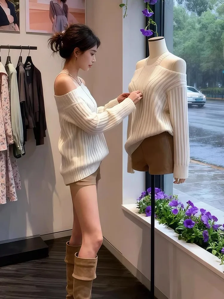 Ele White Off-oulder Knitted Sweater Nelace Women's Set Early Autumn Lazy Sle Polyester Fiber Long Sve Regular Fit