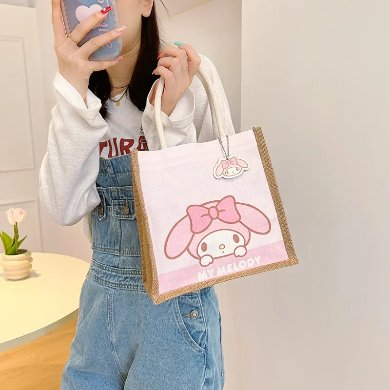 Sanrio-Bolso de mano de hello kitty para niña, bolsa de mano de lino con melodía de dibujos animados, bolsa de almacenamiento Retro Bento, lonchera