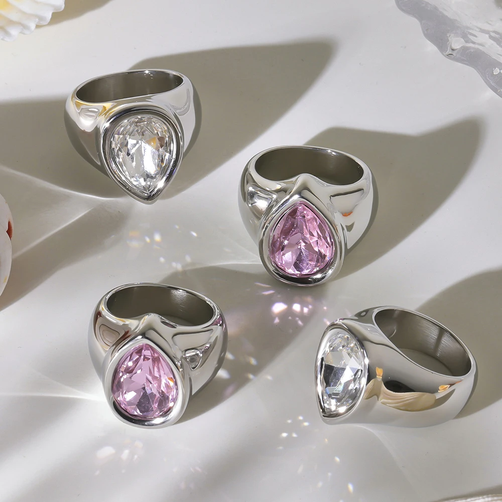 Niovra Hight Quality Water Drop White Pink Zircon Charm Rings For Women Stainless Steel Index Finger Banquet Wedding Jewelry