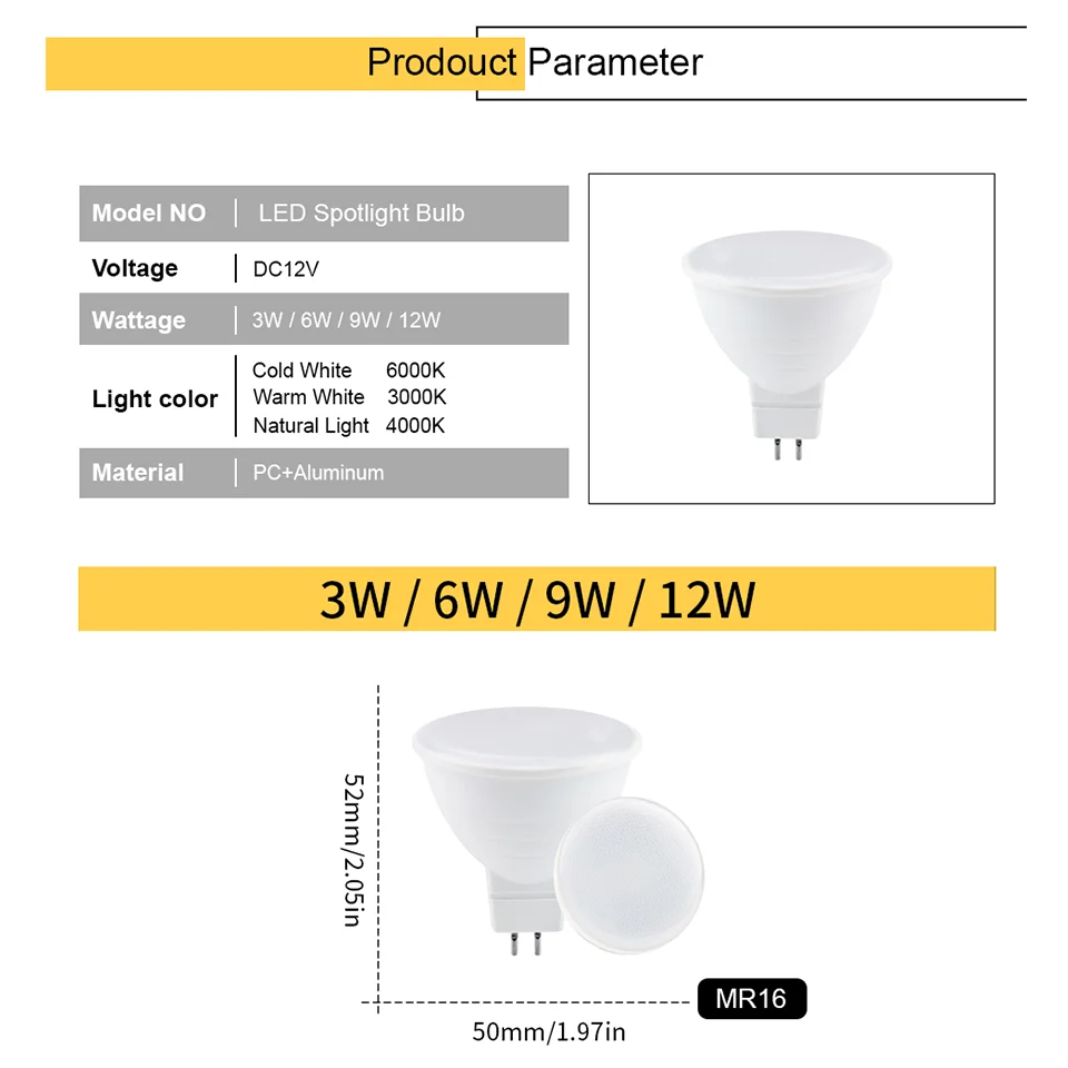 4szt MR16 Reflektor LED Niskociśnieniowy DC12V 3W 6W 9W 12W Kąt światła 120 stopni Zastosuj do kuchni Reflektor LED do wnętrza domu