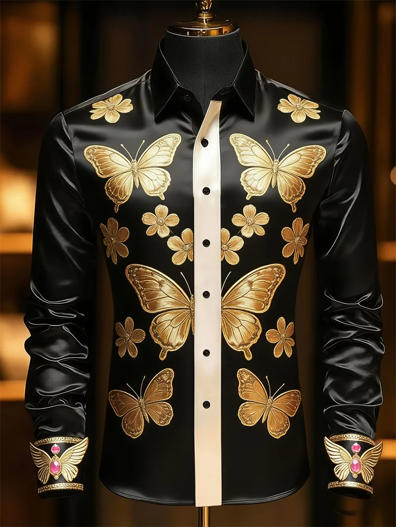 New men's long sleeved shirt with 3D butterfly print design, fashionable and luxurious print, comfortable and soft top