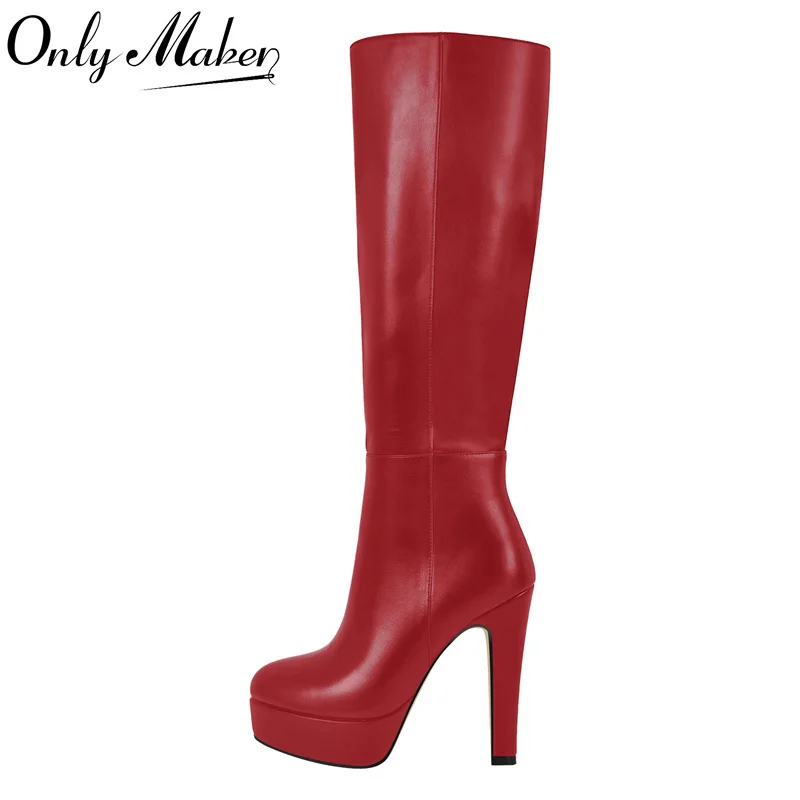 

Onlymaker Women Round Toe Red Platform Knee High Boots Chunky Heel Boots With Side Zipper Concise Tall Modern Boots