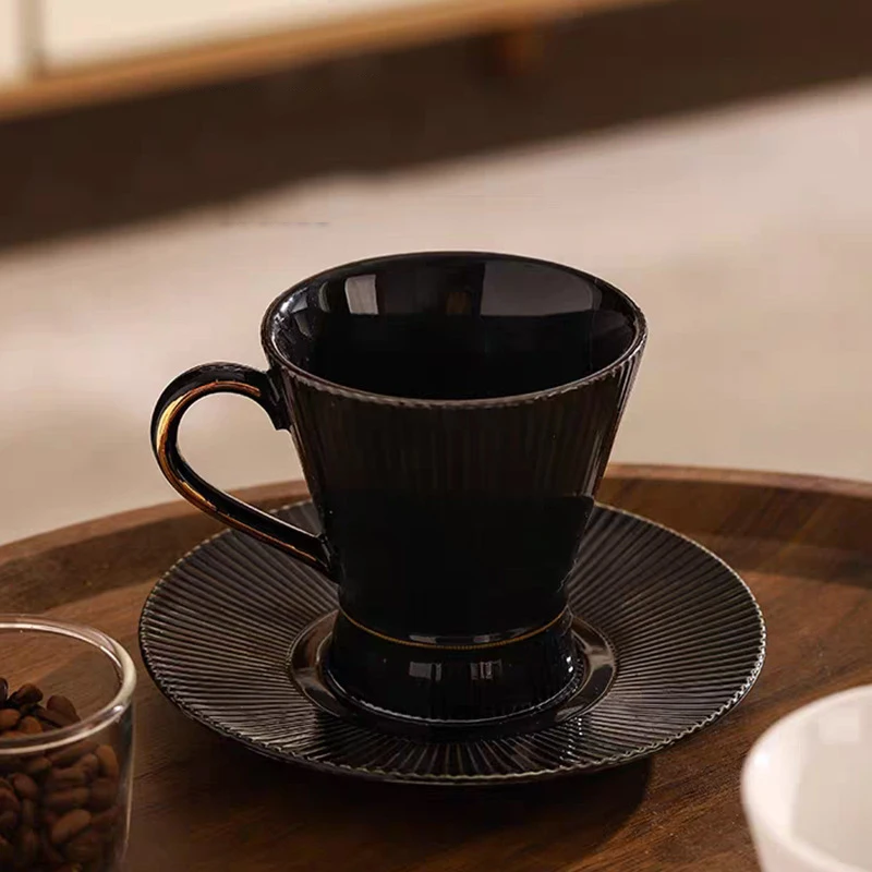 330ml Vintage Black White Coffee Cup and Dish Set Simple Nordic Ceramic Stripe Cup Afternoon Refreshment Plate for Men Women