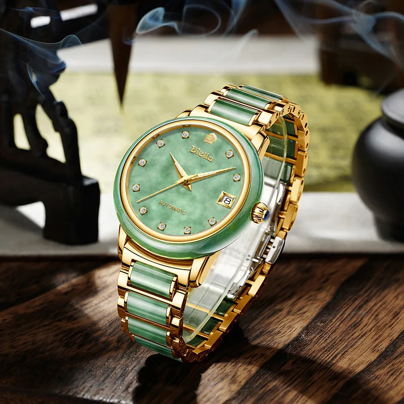

New Natural Emerald Matching Watches for Self Winding Watches for Men Sapphire Glass Luxury Jade Watch with Gold For Men
