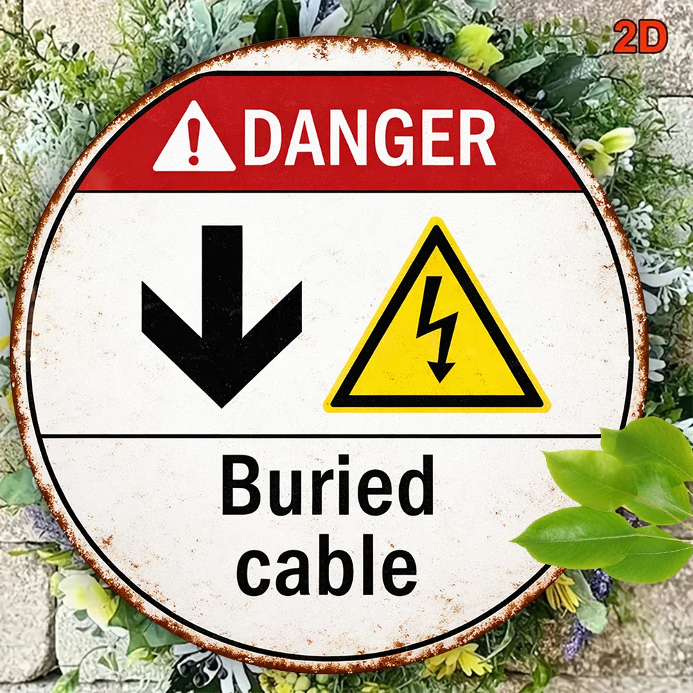 2D Retro Metal Sign Round Aluminum 8x8in Danger Underground Cable Warning Decor Garage Shed Outdoor Wall Art Gift