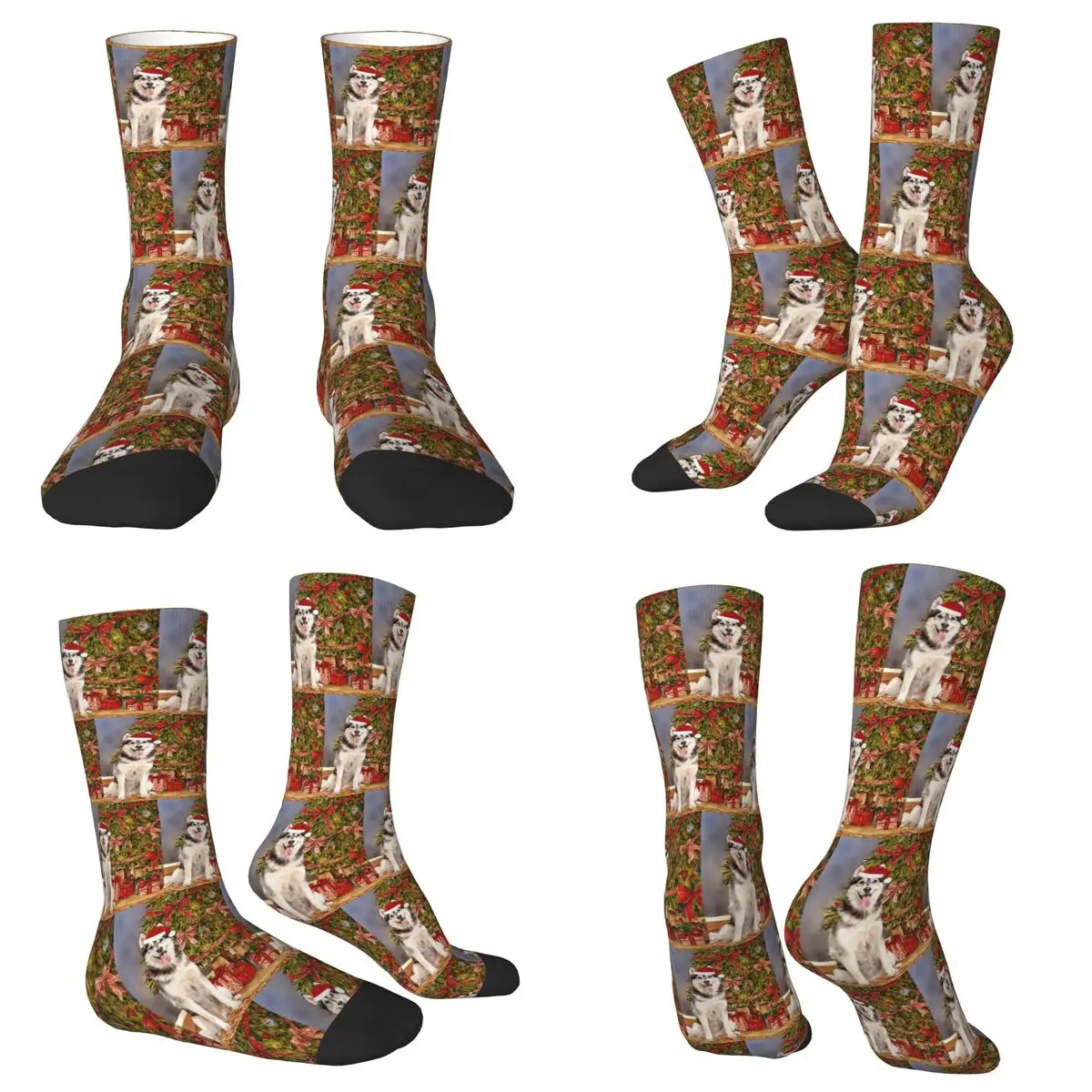 All Seasons Crew Stockings Husky Christmas Tree Dog Puppy Watercolor Socks Crazy Hip Hop Long Socks for Men Women Gifts