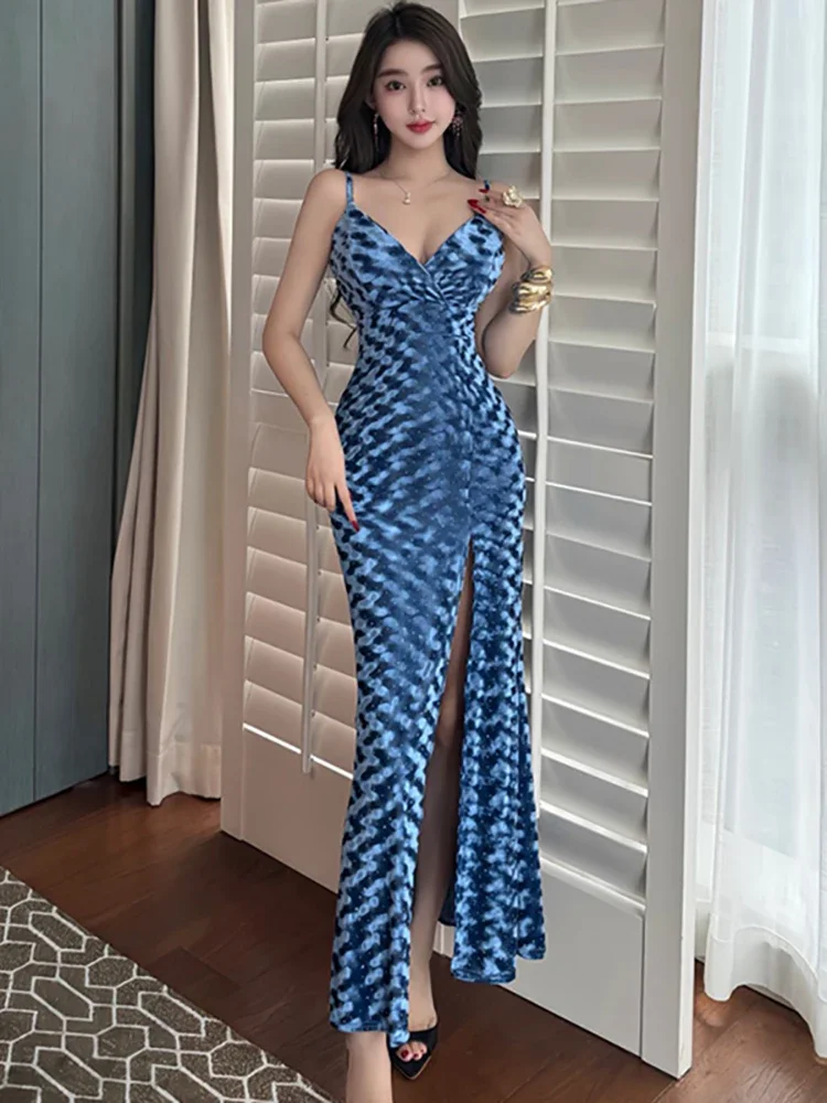 

Autumn Winter Blue Print Diamonds Luxury Long Dress Women Fashion Elegant Party Evening Dress 2025 Korean Bodycon Festival Dress