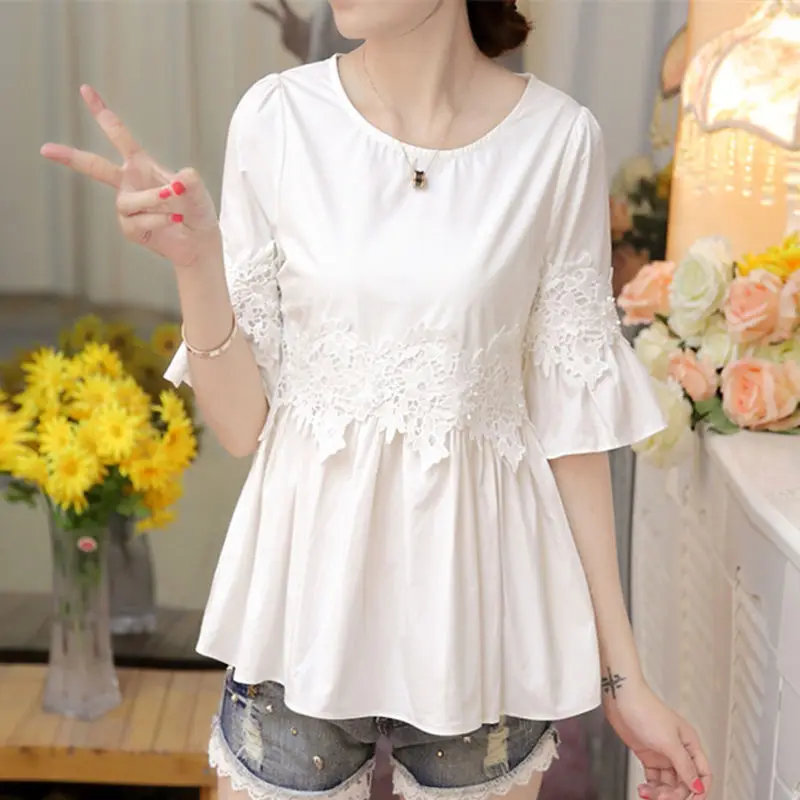 Women\'s Clothing Lace Patchwork Blouse Casual Round Neck 2023 Summer Flare Sleeve Korean Sweet Waist Solid Color All-match Shirt