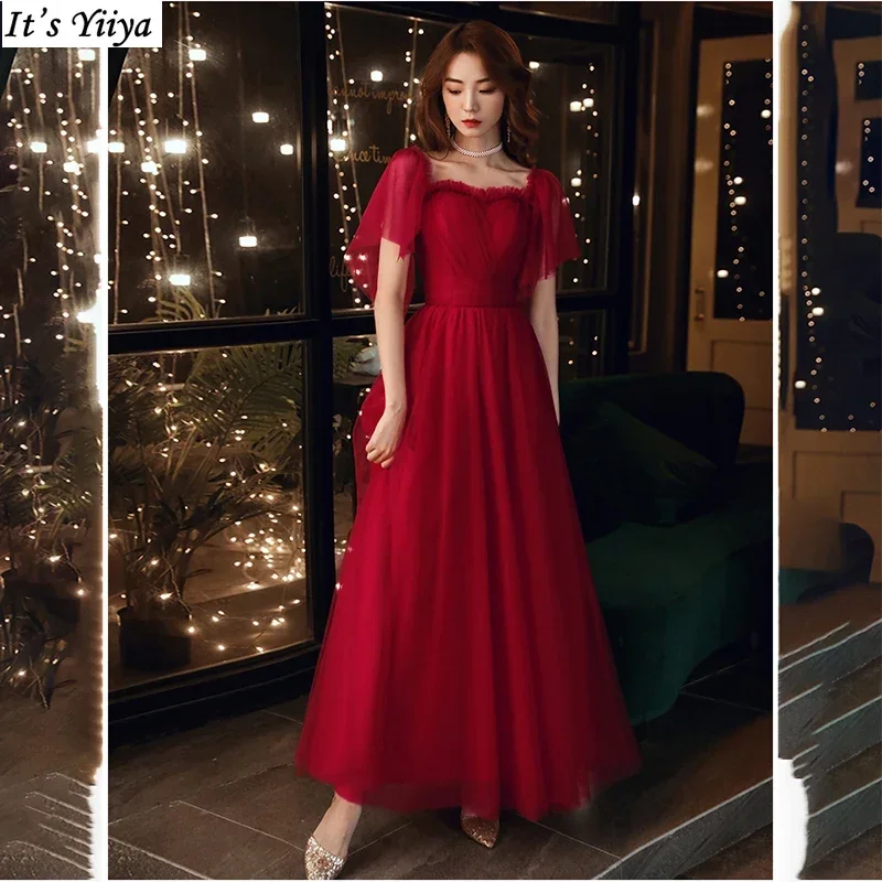 

It's Yiiya Customized Evening Dress Wine Red Square Collar Short Sleeves A-Line Floor-Length Plus size Woman Formal Party Gowns