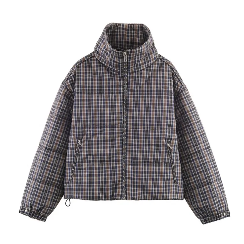 

Women Check Quilted Anorak Spring Simple High Neck Jacket Casual Long Sleeve Pocket Women Coat Lady Outerwears Female Coats