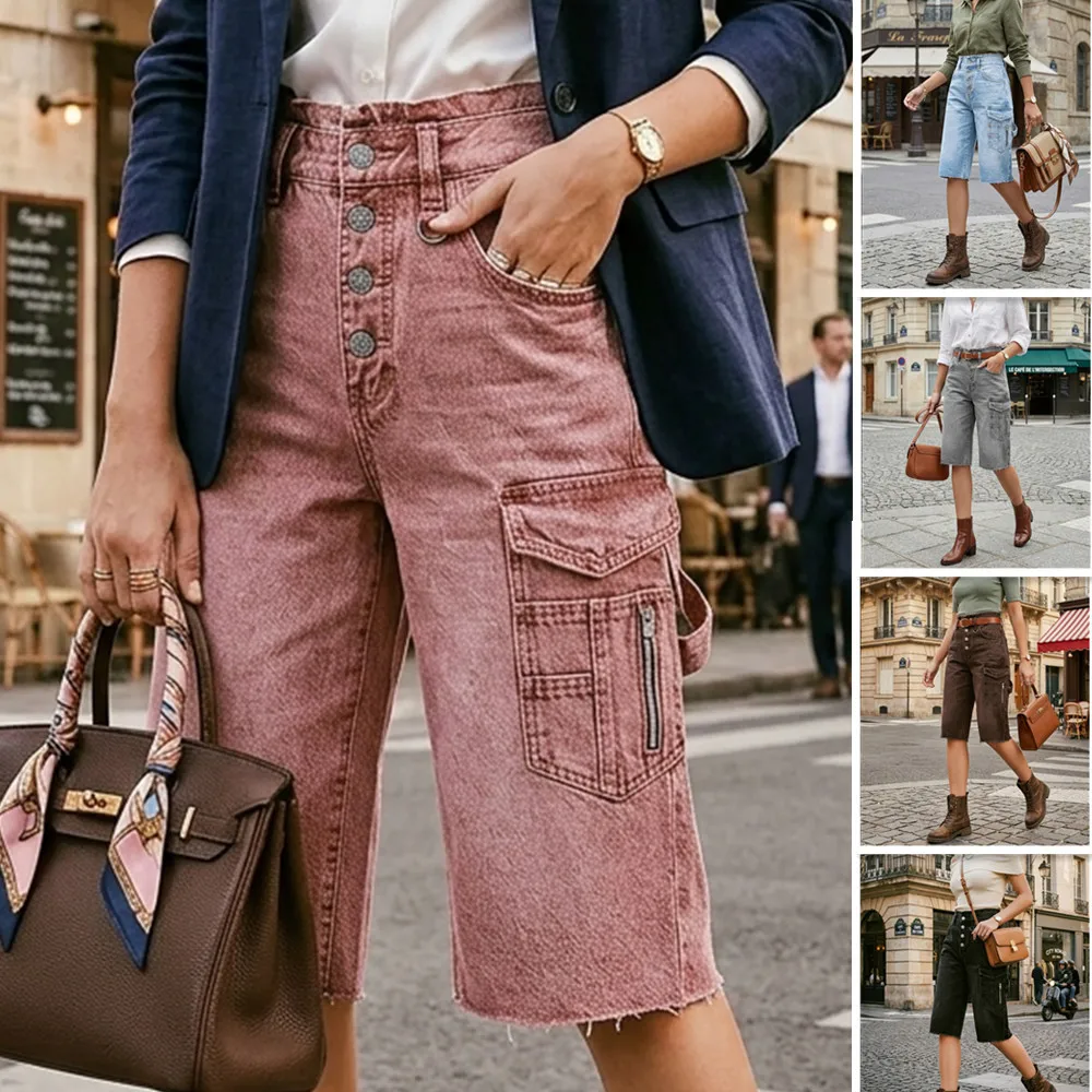 2026 Summer New Casual Cargo Pocket Patchwork Denim Short Women High Waist Loose Straight Leg Pants Bodycon Female Bottoms jeans