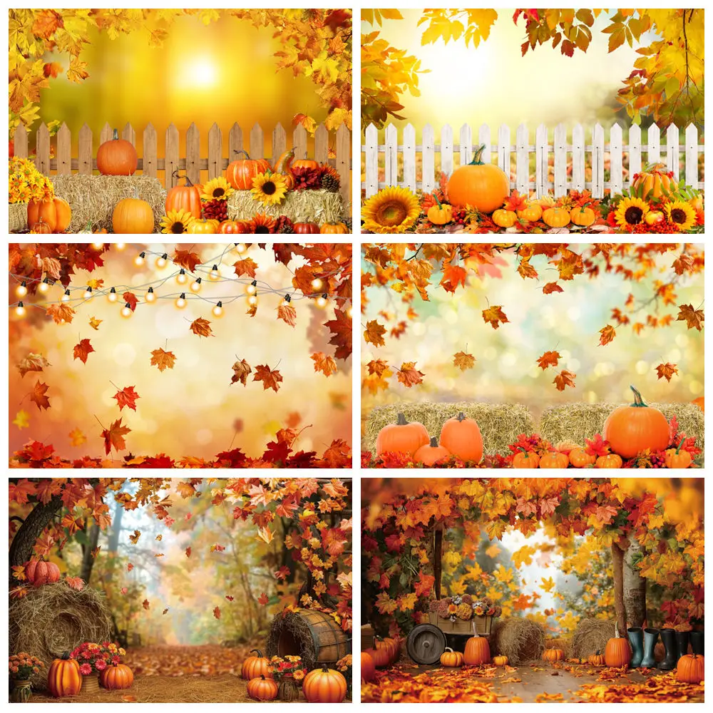 Autumn Fallen Leaves Sunshine Backdrop for Photography Fall Farm Harvest Pumpkin Sunflower Baby Portrait Background Photo Studio