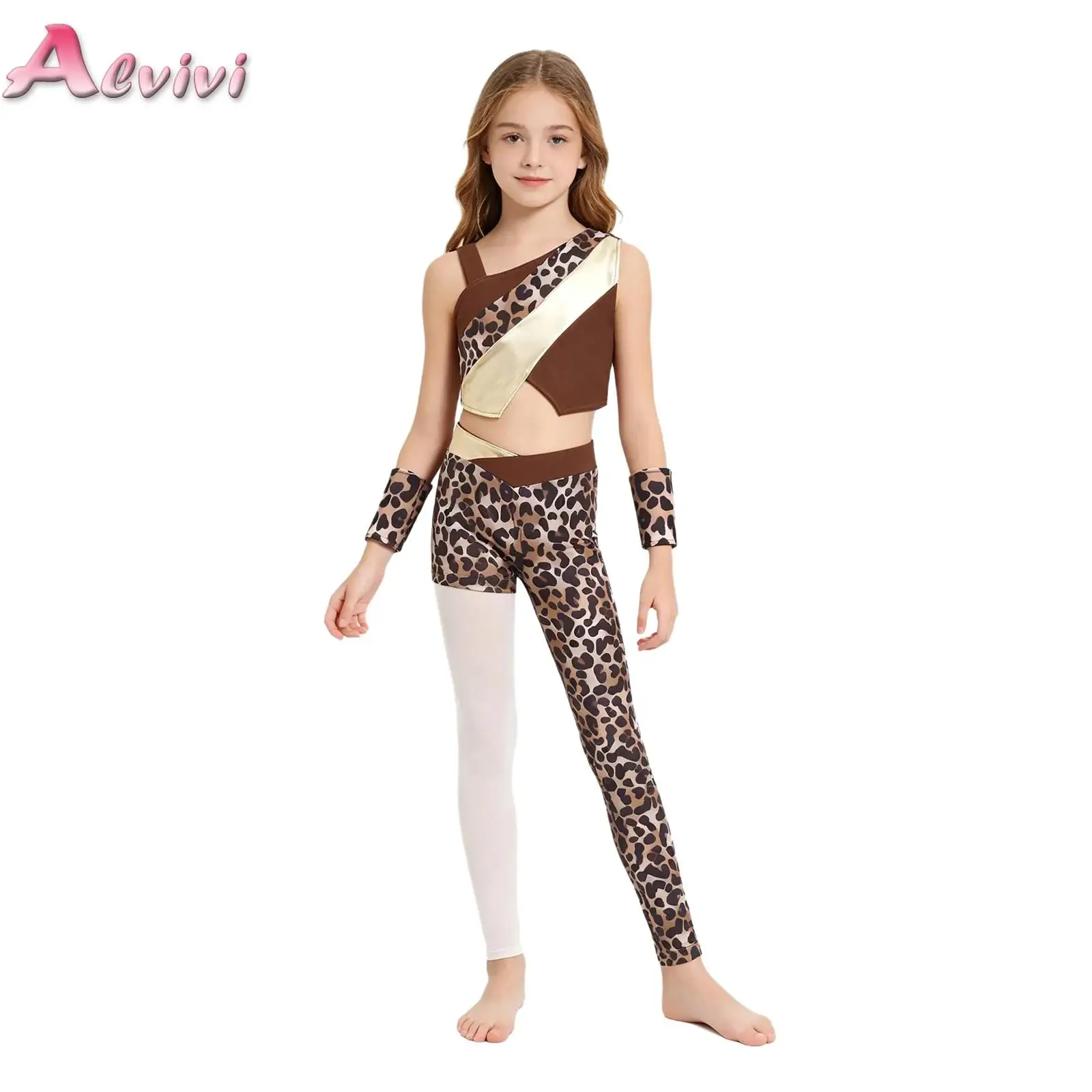 

Kids Girls Halloween Theme Party Caveman Primitive Tribe Costume Sleeveless Cavegirl Crop Top And Pants Oversleeves Set Dress Up