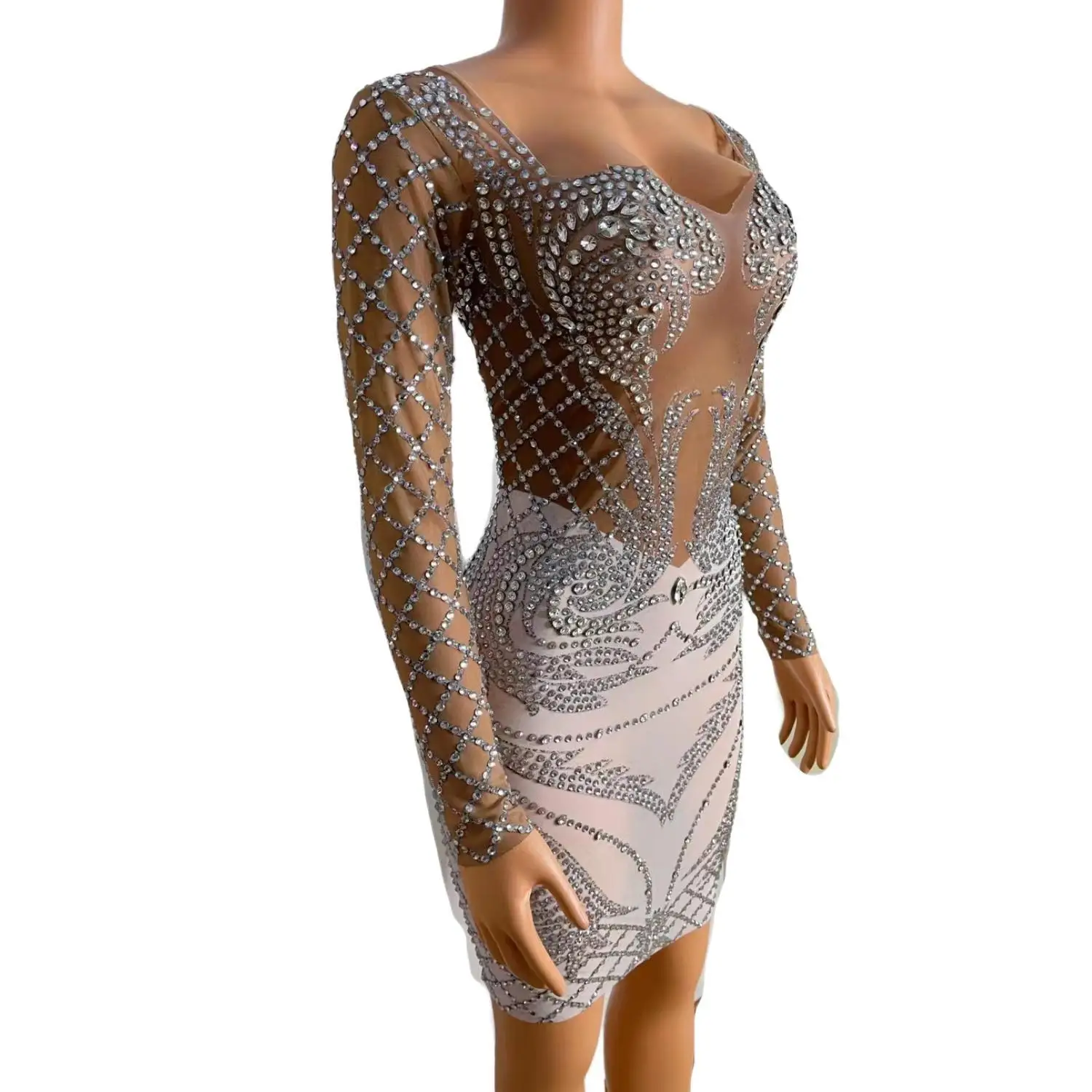 Vestido Sexy de diamantes de imitación plateados para mujer, traje de fiesta de cumpleaños de noche, traje de rendimiento de baile, Mantou, diseñador de marca