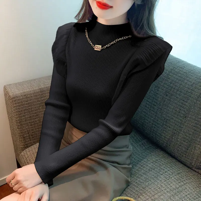 Korean Fashion Autumn/Winter Sweaters Women's Solid Mock Neck Chain Ruffles Temperament Long Sleeve Bottoming Shirt Knitted Tops