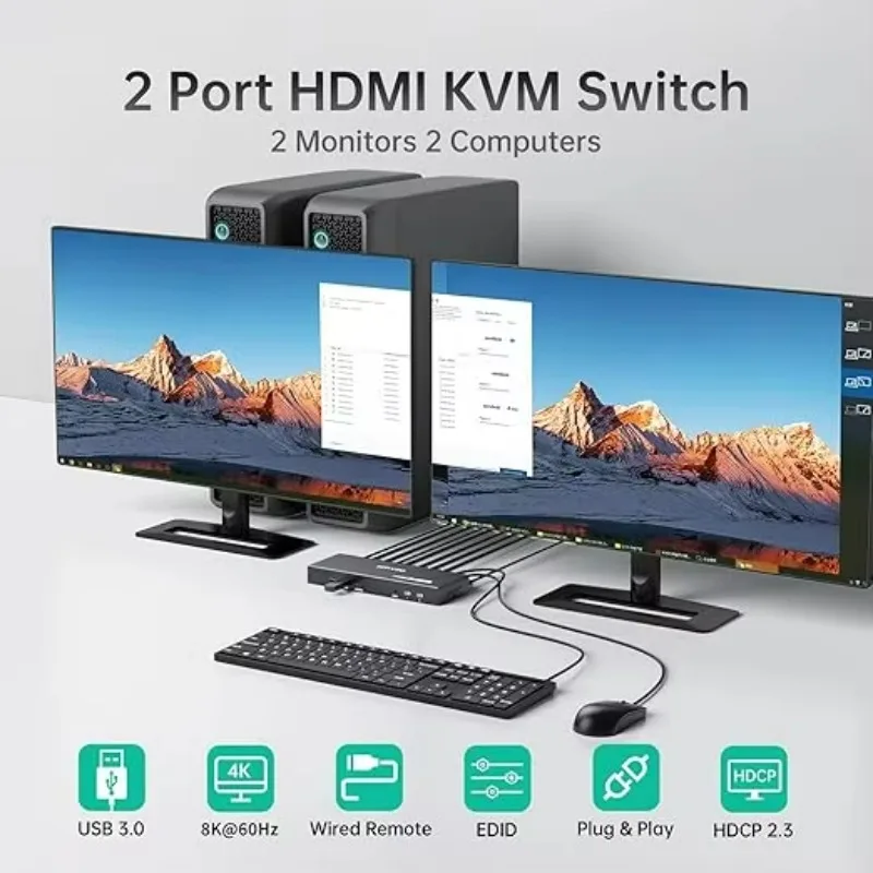 8K 60Hz HDMI KVM Switch 2 Monitors 2 Computers, 4K 144Hz Dual KVM Switch HDMI with 4 USB 3.0 Port