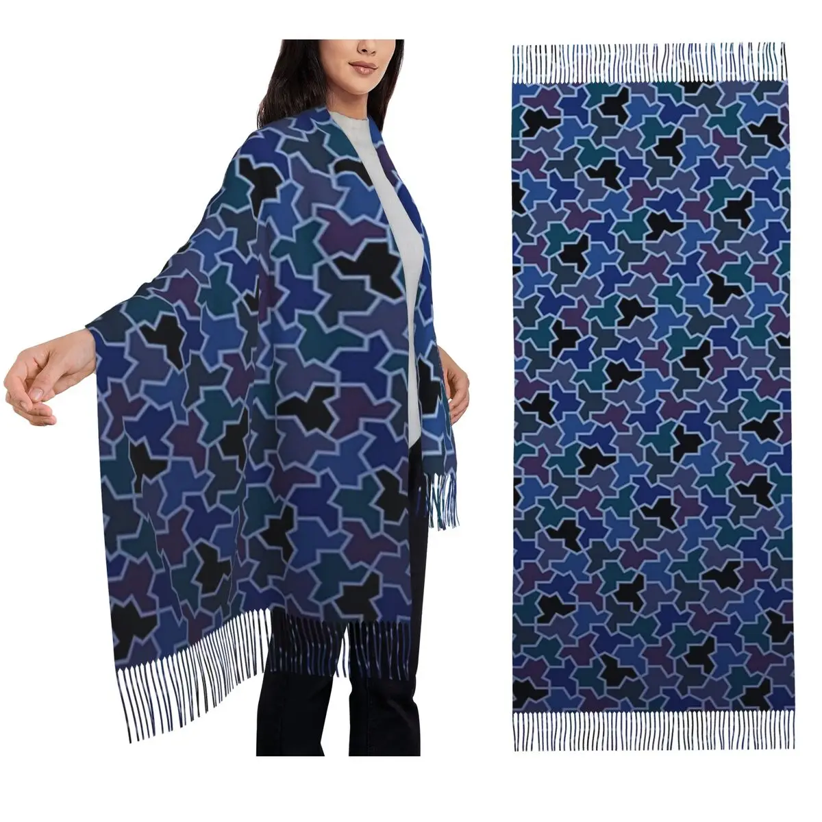 

NIGHT OCEAN Эйнштейн, шарф с узором из плитки, шарфы с кисточками, женские мягкие теплые шали и накидки, большая осенне-зимняя шаль