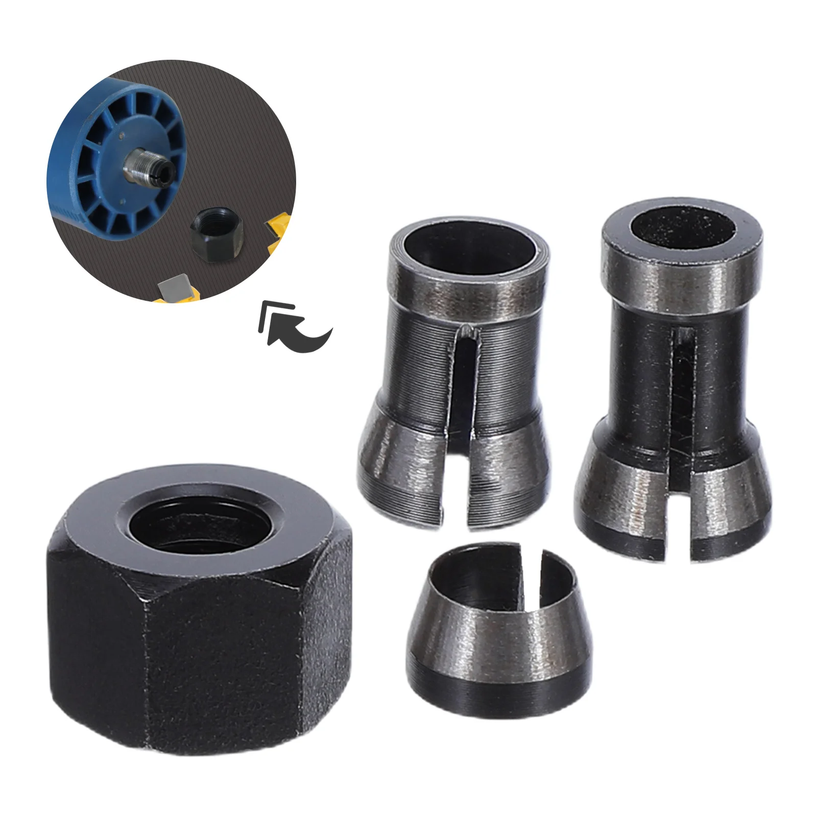 Zestaw 8 szt. tulei zaciskowych do frezarki, stal węglowa, 6 mm, 6,35 mm, 8 mm, adapter narzędziowy do grawerowania, frezowania, obróbki drewna, precyzyjny uchwyt tulei zaciskowej