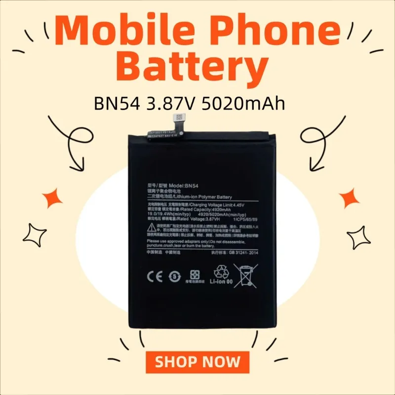 

BN54 3.87V 5020mAh Mobile Phone Battery for Redmi Note 9 9 Prime 10X 4G Poco M2