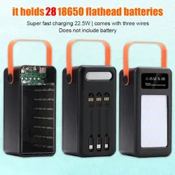 28x18650 Battery Case Dual USB Type C Charge Power Bank Case 22.5W PD QC4.0 with LED Flashlight Function DIY Battery Storage Box