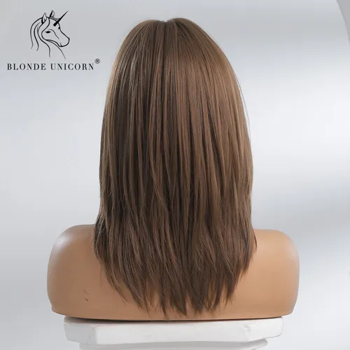 Imagen 2 del producto Peluca sintética de unicornio rubio para mujer, pelo medio largo degradado marrón con parte media, pelucas de Cosplay para fiesta diaria, fibra resistente al calor