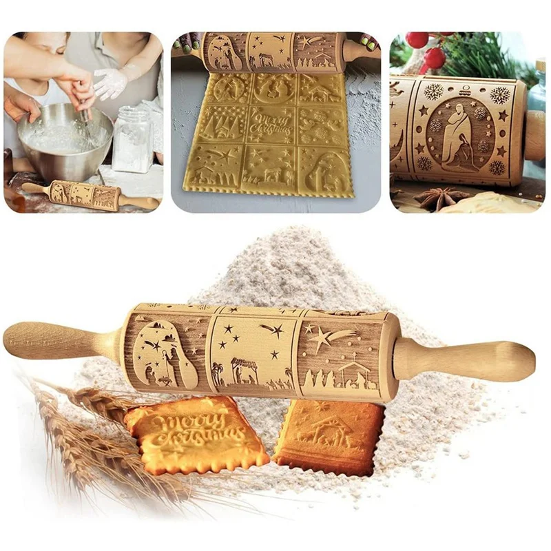 Christmas Rolling Pin Hollow Carved Wooden Printing Rolling Pin  Christmas New Year Gifts Kitchen Baking Supplies