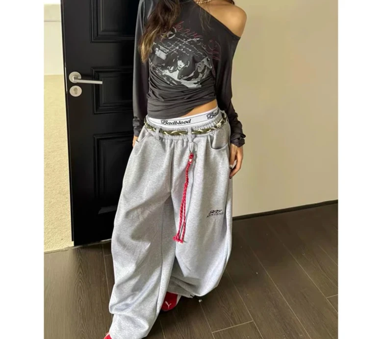 Pantalones de chándal holgados grises con estampado de letras para mujer, pantalones de baile estilo estético Harajuku Vintage Y2k Hip Hop, pantalones de pierna ancha