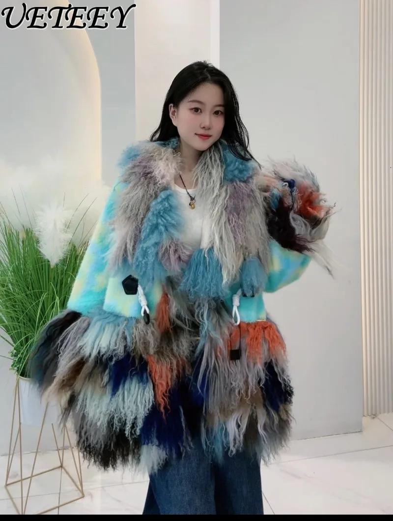 2023 Winter Neue Farbverlauf Faux Pelzmantel Vielseitig Unregelmäßige Blumen Mode Pelz Kragen Stilvolle Mid-länge Jacke für Frauen