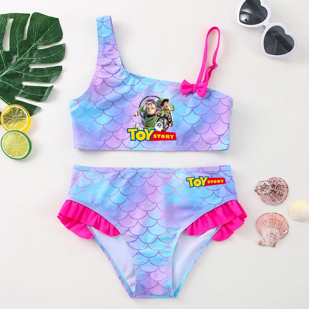 Bañador de Toy Story para niñas, traje de baño de una pieza, Woody, Buzz Lightyear, vestidos para niños, ropa de playa de verano