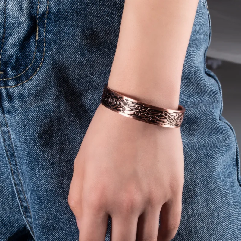 European And American Pure Copper Retro Simple Double Ring Pattern Magnet Energy Ring Bracelet Womens Men Holiday Gift Set