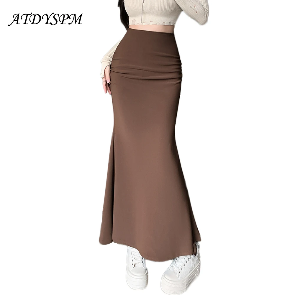 Elegant Long Mermaid Skirts Women Chic Folds Stretch Wrap Hips Black Coffee Casual Skirts Korean Style Office Lady Slim Skirts