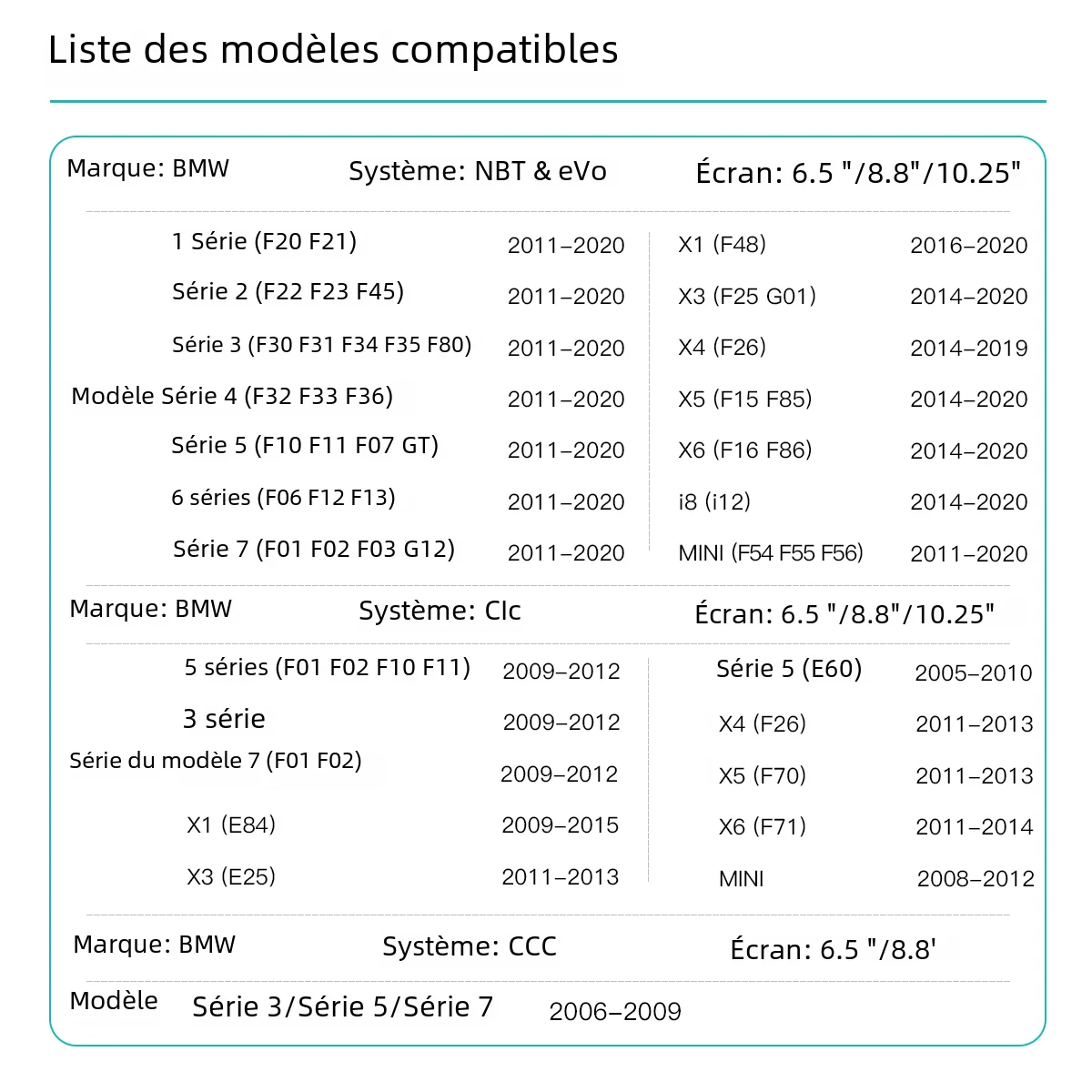 CarPlay sans fil pour BMW, décodeur automatique Android, NBT, CIC, EVO, CCC, série 1, 2, 3, 4, 5, 7, E70, F10, F25, F26, F48, MINI Tage, X5, X6,