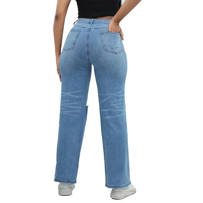 Moda fori rotti scava fuori Jeans dritti da donna pantaloni in Denim a gamba larga donna primavera estate nuovi pantaloni lunghi da pendolare Casual