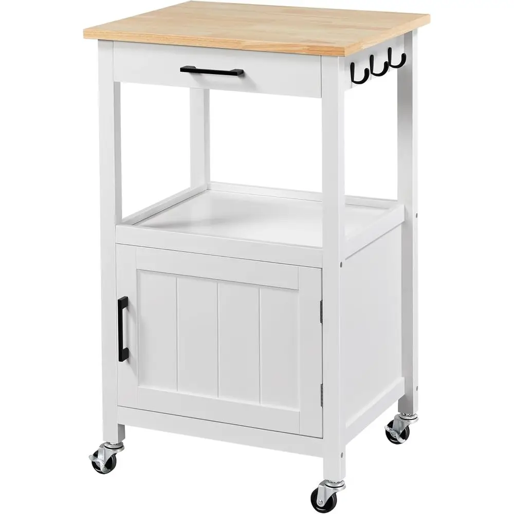 

Rolling Wood Top Kitchen Island Cart with Storage and 6 Hooks, White