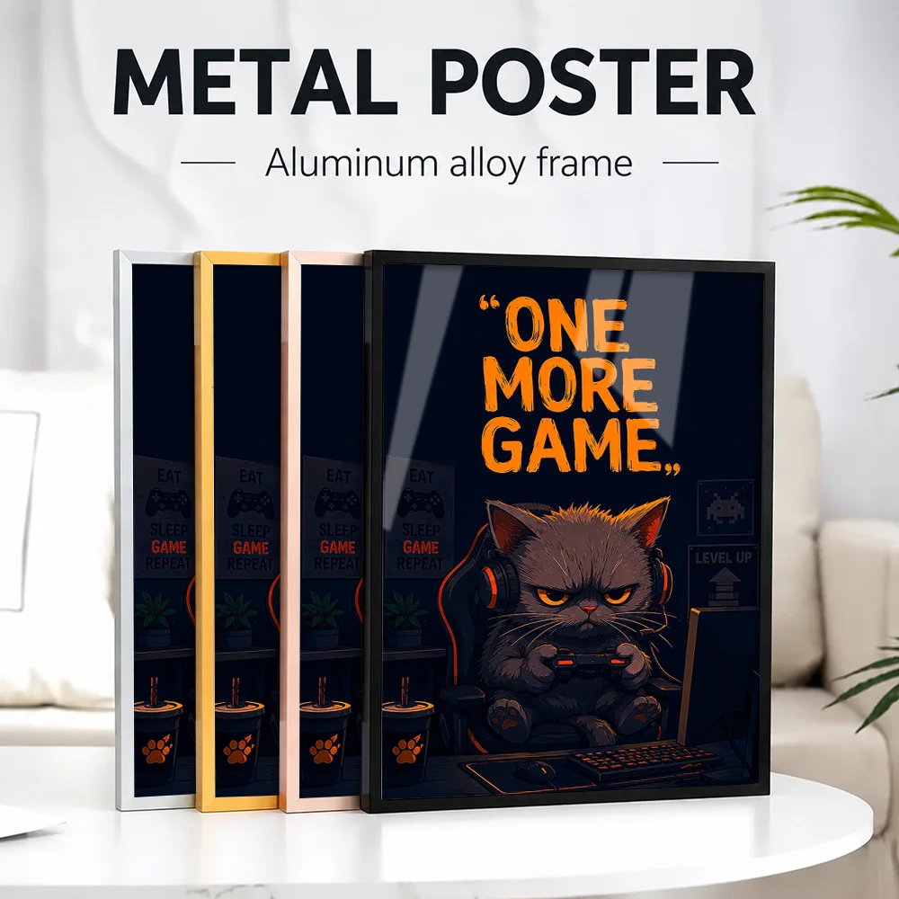 Gamer Cat Framed Metal Print Customized Photo Contemporary Graphic Style Wall Art For Living Room And Bedroom Collector Gift