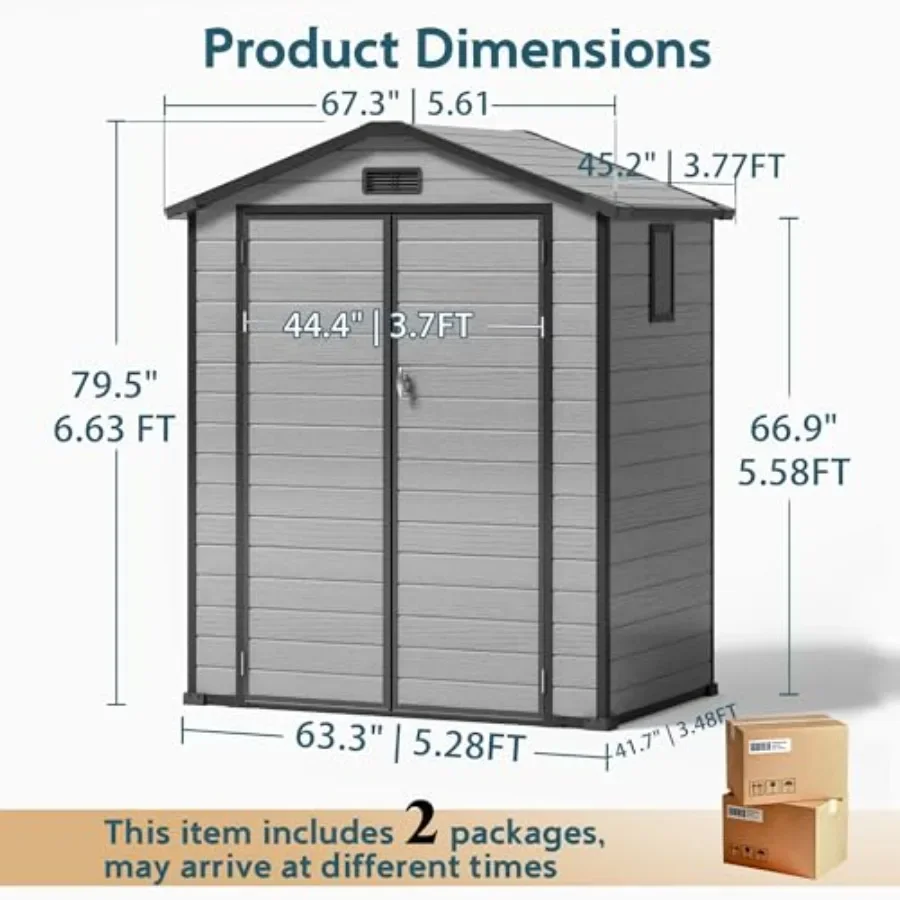 Backyard storage shed with plastic feet and floor, gray color, drain groove for water runoff