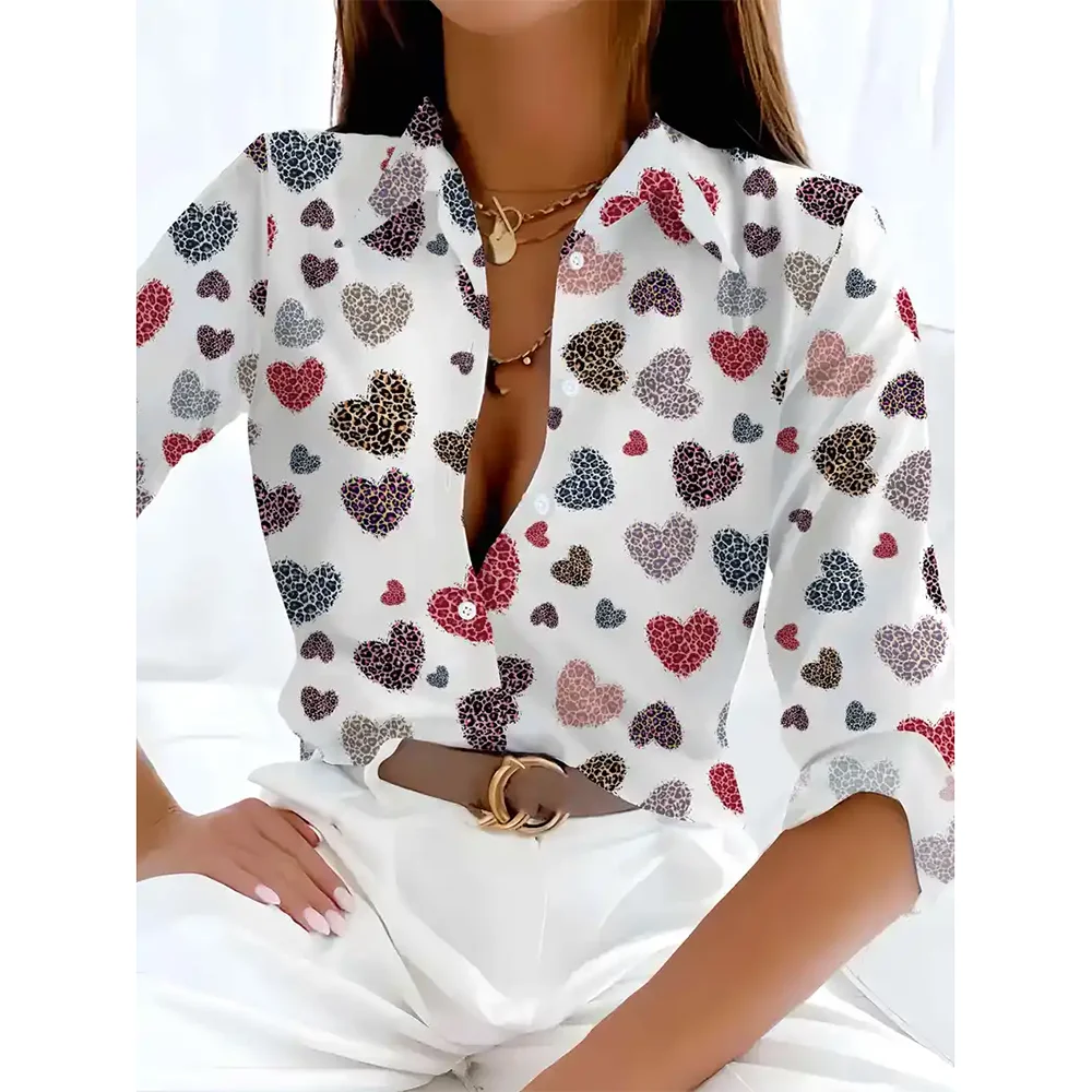 Autumn Women\'s New Long Sleeve Shirts 3d Love Printed Women\'s Single-Breasted Lapel Tops Elegant Basic Shirts & Blouse Oversized